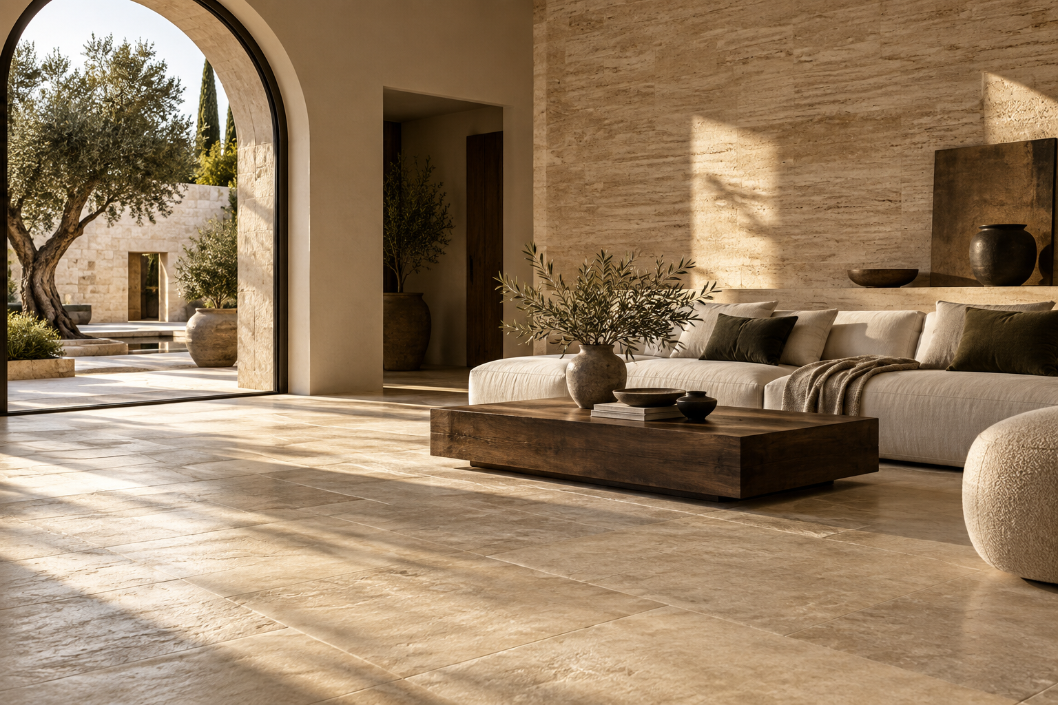 Concept interior with natural stone floors and warm architectural details